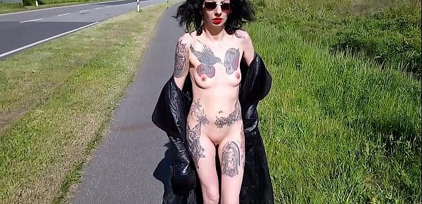  Slut Lucy Ravenblood walking nude at a public road